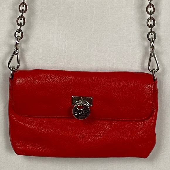 Calvin Klein Red Crossbody Bag / Wallet w Flap, Leather, Gold Chain, Lock Logo - Picture 2 of 12